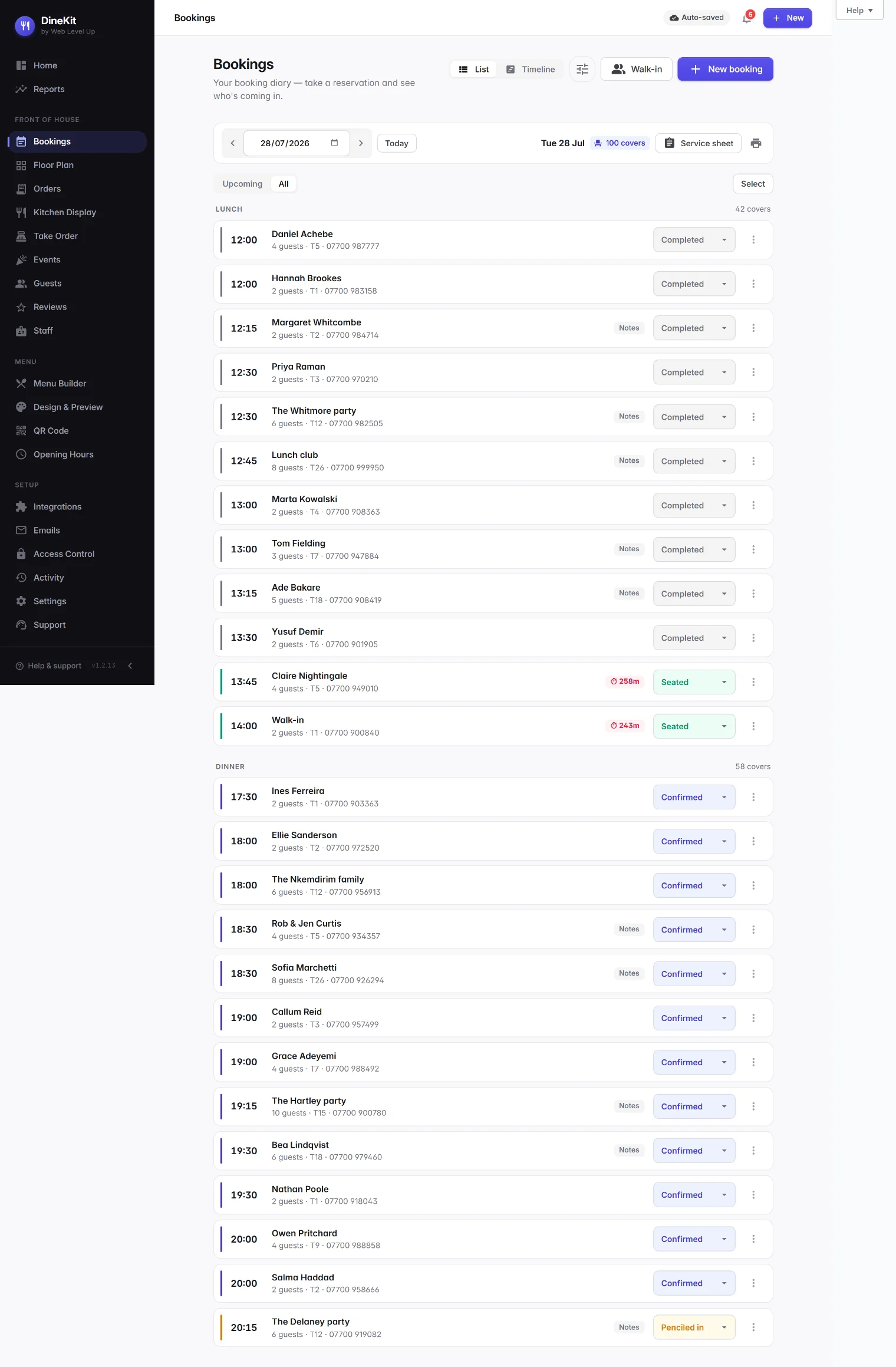 DineKit bookings list for a single day