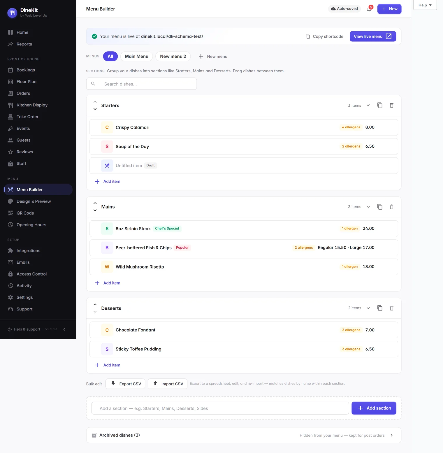 DineKit menu builder screen