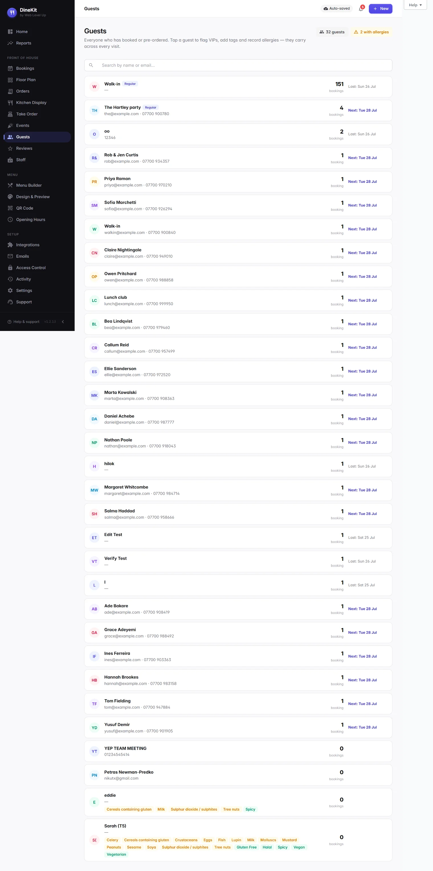 DineKit guest CRM listing diner history