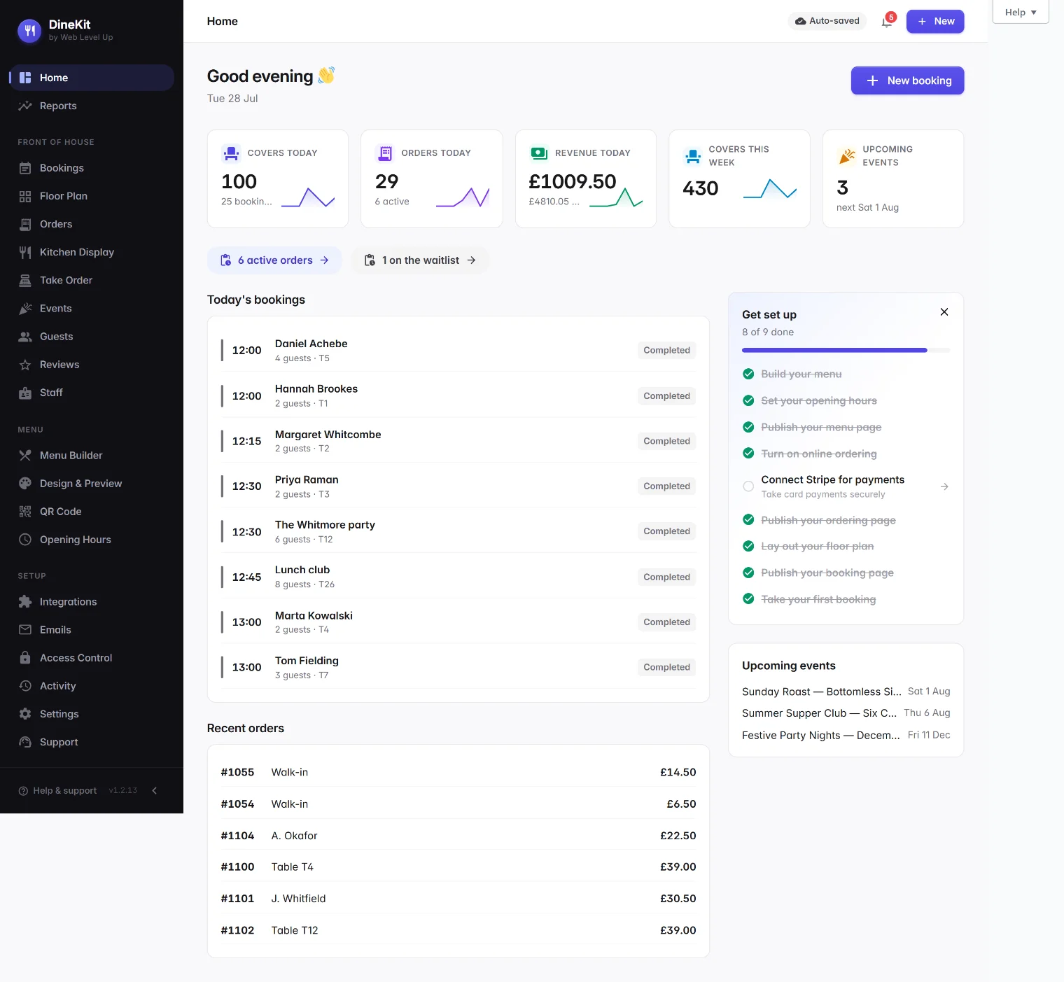 DineKit dashboard with the notification bell in the top bar