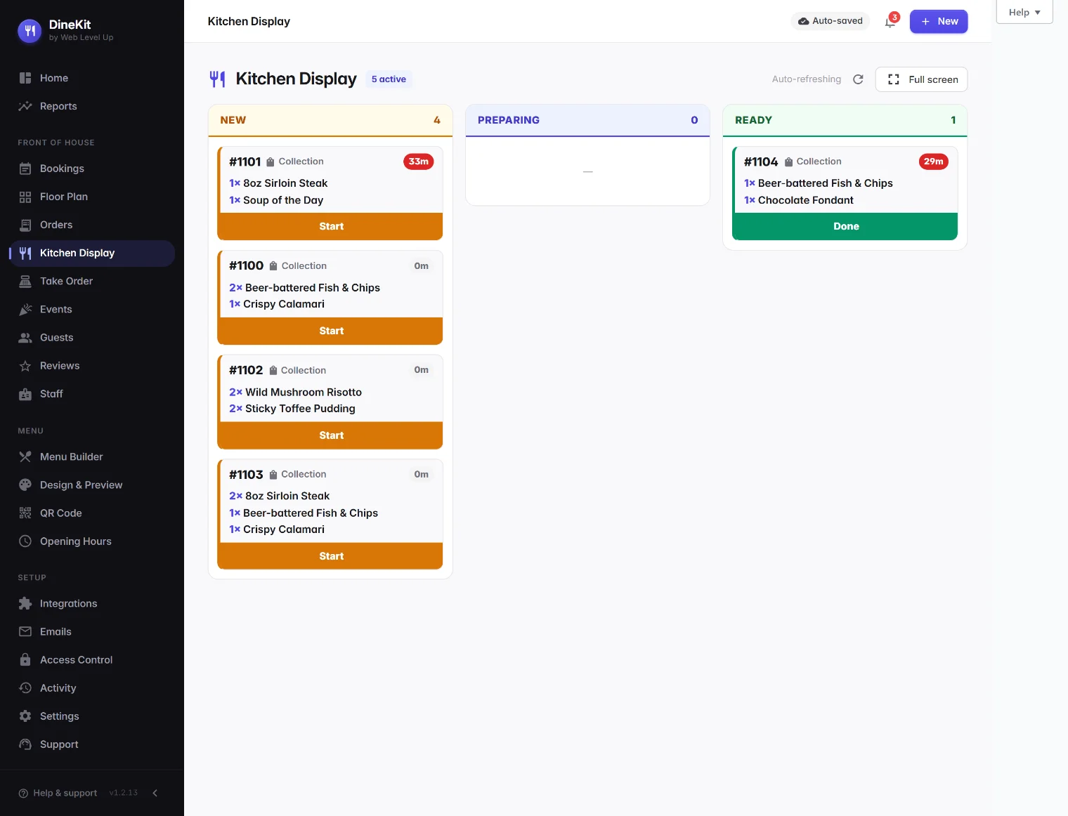 DineKit kitchen display system showing live tickets in three columns