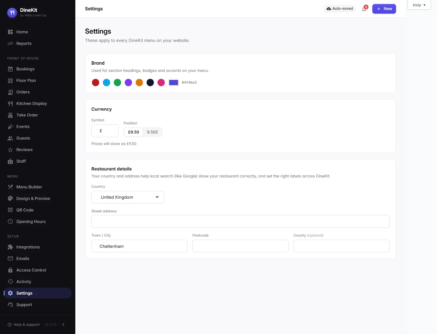 DineKit settings screen showing country and currency options