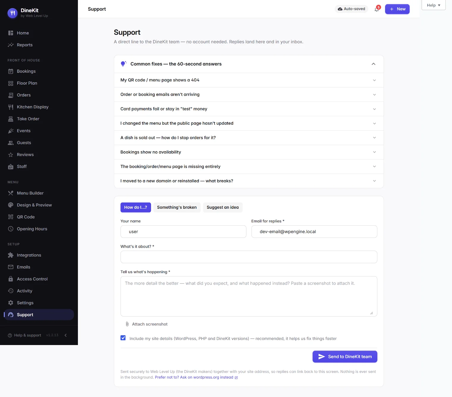 DineKit in-dashboard support screen